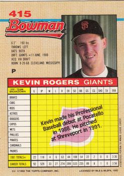 1992 Bowman #415 Kevin Rogers Back