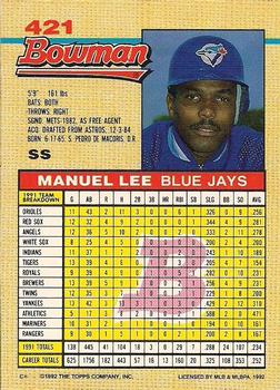 1992 Bowman #421 Manuel Lee Back