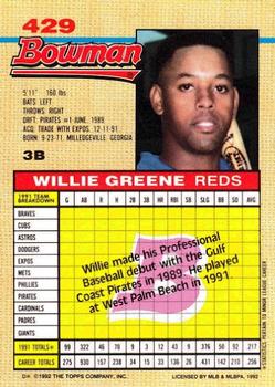1992 Bowman #429 Willie Greene Back
