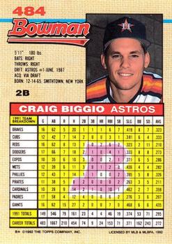 1992 Bowman #484 Craig Biggio Back