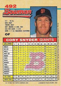 1992 Bowman #492 Cory Snyder Back