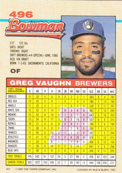 1992 Bowman #496 Greg Vaughn Back