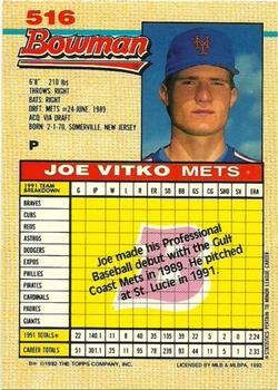 1992 Bowman #516 Joe Vitko Back