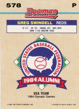 1992 Bowman #578 Greg Swindell Back