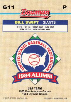 1992 Bowman #611 Bill Swift Back