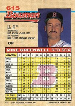 1992 Bowman #615 Mike Greenwell Back