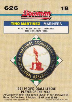 1992 Bowman #626 Tino Martinez Back