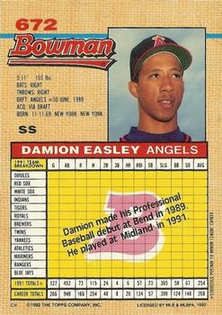 1992 Bowman #672 Damion Easley Back