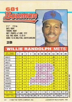 1992 Bowman #681 Willie Randolph Back