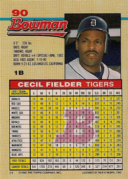 1992 Bowman #90 Cecil Fielder Back