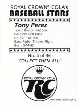 1981 Royal Crown Cola Baseball Stars (unlicensed) #4 Tony Perez Back