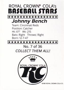 1981 Royal Crown Cola Baseball Stars (unlicensed) #7 Johnny Bench Back