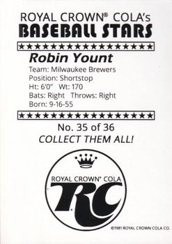 1981 Royal Crown Cola Baseball Stars (unlicensed) #35 Robin Yount Back