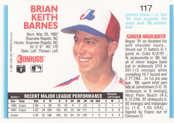 1992 Donruss #117 Brian Barnes Back