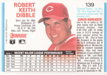1992 Donruss #139 Rob Dibble Back