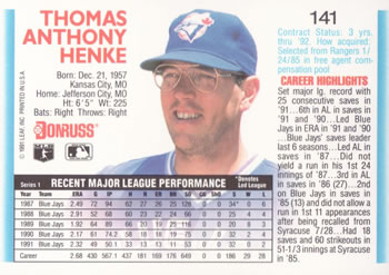 1992 Donruss #141 Tom Henke Back