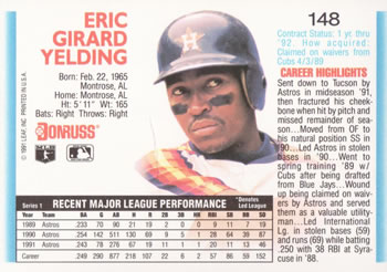 1992 Donruss #148 Eric Yelding Back