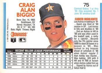 1992 Donruss #75 Craig Biggio Back
