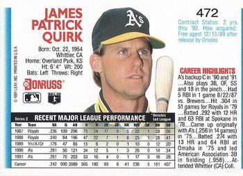 1992 Donruss #472 Jamie Quirk Back
