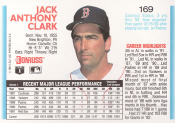 1992 Donruss #169 Jack Clark Back