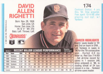 1992 Donruss #174 Dave Righetti Back