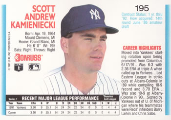 1992 Donruss #195 Scott Kamieniecki Back