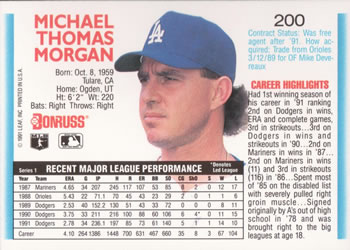 1992 Donruss #200 Mike Morgan Back