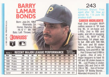 1992 Donruss #243 Barry Bonds Back