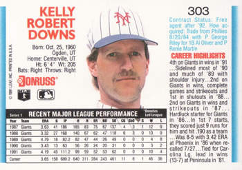 1992 Donruss #303 Kelly Downs Back