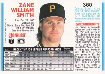 1992 Donruss #360 Zane Smith Back