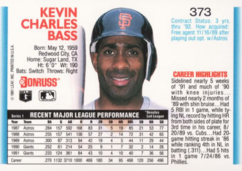 1992 Donruss #373 Kevin Bass Back