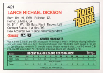 1992 Donruss #421 Lance Dickson Back