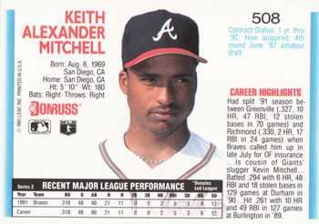 1992 Donruss #508 Keith Mitchell Back