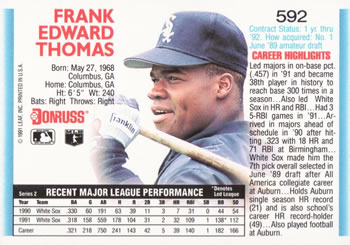 1992 Donruss #592 Frank Thomas Back