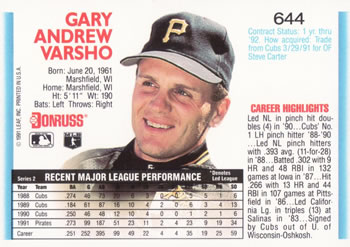 1992 Donruss #644 Gary Varsho Back