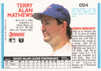 1992 Donruss #694 Terry Mathews Back
