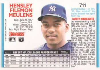 1992 Donruss #711 Hensley Meulens Back