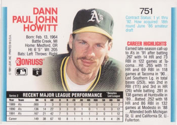 1992 Donruss #751 Dann Howitt Back