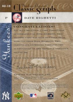 2004 Upper Deck Yankees Classics - Classic Scripts #AU-10 Dave Righetti Back
