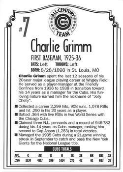 1999 Old Style Chicago Cubs All-Century Team #NNO Charlie Grimm Back