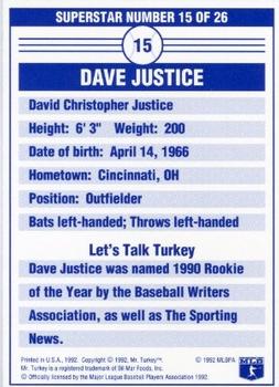 1992 Mr. Turkey Superstars #15 Dave Justice Back