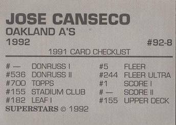 1992 Superstars Magazine (unlicensed) #92-8 Jose Canseco Back