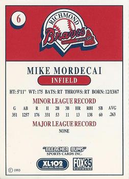 1993 Bleacher Bums Richmond Braves #6 Mike Mordecai Back