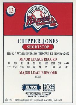 1993 Bleacher Bums Richmond Braves #13 Chipper Jones Back