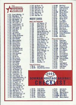 2005 Bowman Heritage - Checklist #2 Checklist: 291-349 and Inserts Front