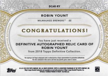 2018 Topps Definitive Collection - Definitive Autograph Relic Collection Green #DCAR-RY Robin Yount Back