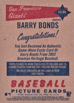 2005 Bowman Heritage - Pieces of Greatness Relics #PG-BB Barry Bonds Back