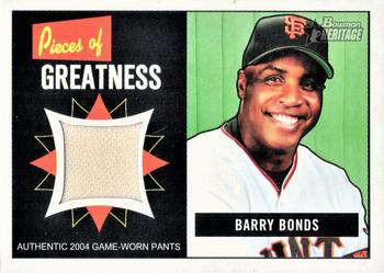 2005 Bowman Heritage - Pieces of Greatness Relics #PG-BB Barry Bonds Front