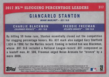 2018 Topps Big League - Gold #317 2017 NL Slugging Percentage Leaders (Giancarlo Stanton / Charlie Blackmon / Freddie Freeman) Back