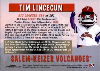 2018 Grandstand Salem-Keizer Volcanoes 20 Years of Success #39 Tim Lincecum Back